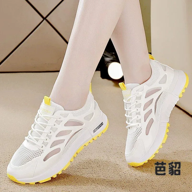 Ultra-light Women's Sports Shoes Summer New Mesh Breathable Single Net Casual Low Top Flat Foot Support Wave Pattern Rubber Sole