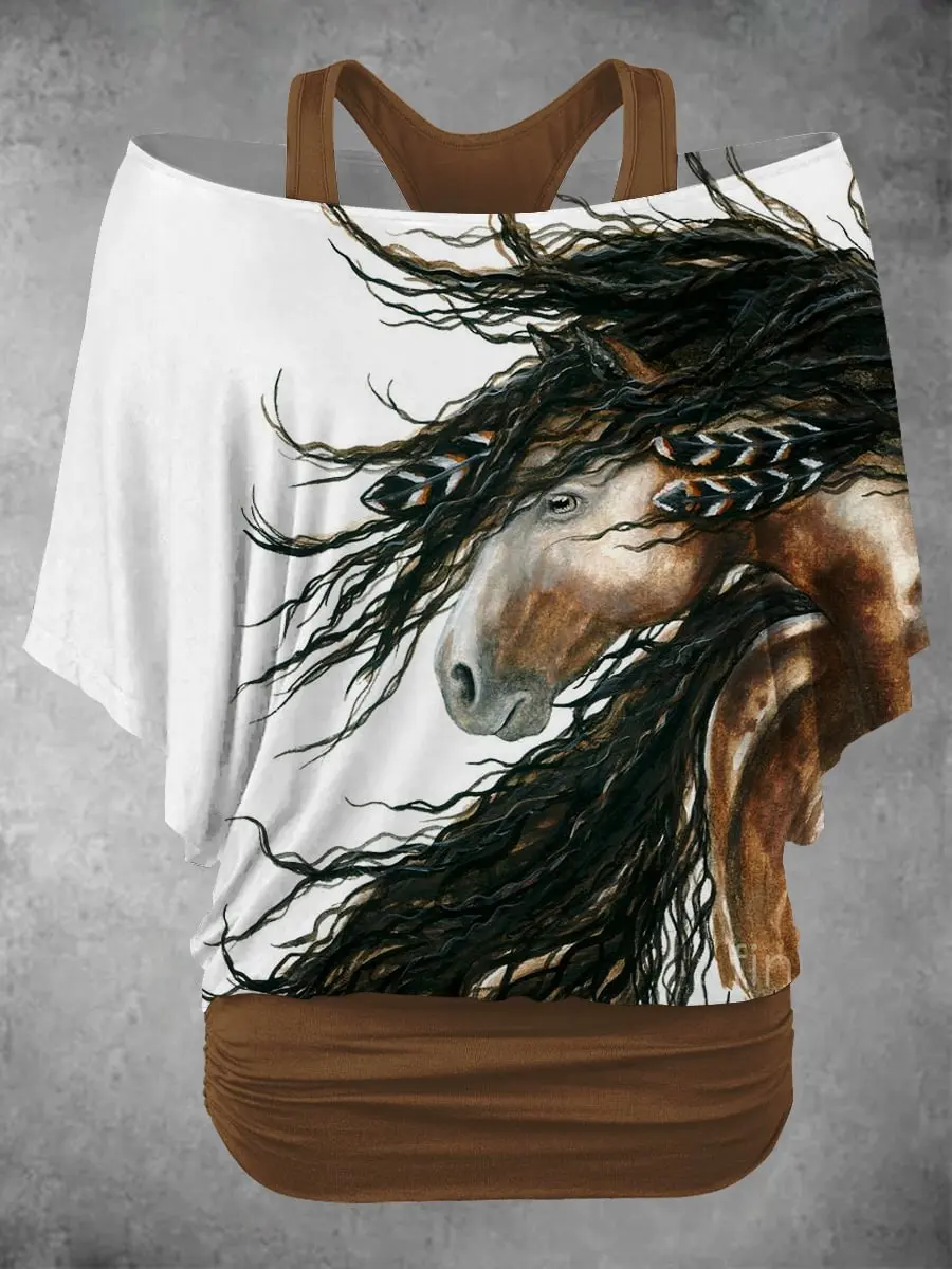 PLstar Cosmos 3D Printed Indigenous Style Horse Pattern Faux Two-Piece Top, Women's Casual T-Shirt, Harajuku Street Style-2