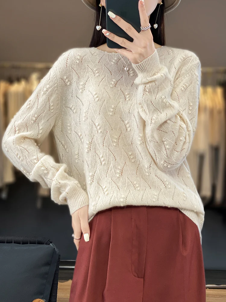 Women Sweater Hollow Out O-neck Pullover 100% Merino Wool Knitwear Vintage Loose Twist Flower Cashmere Spring Autumn Female Tops