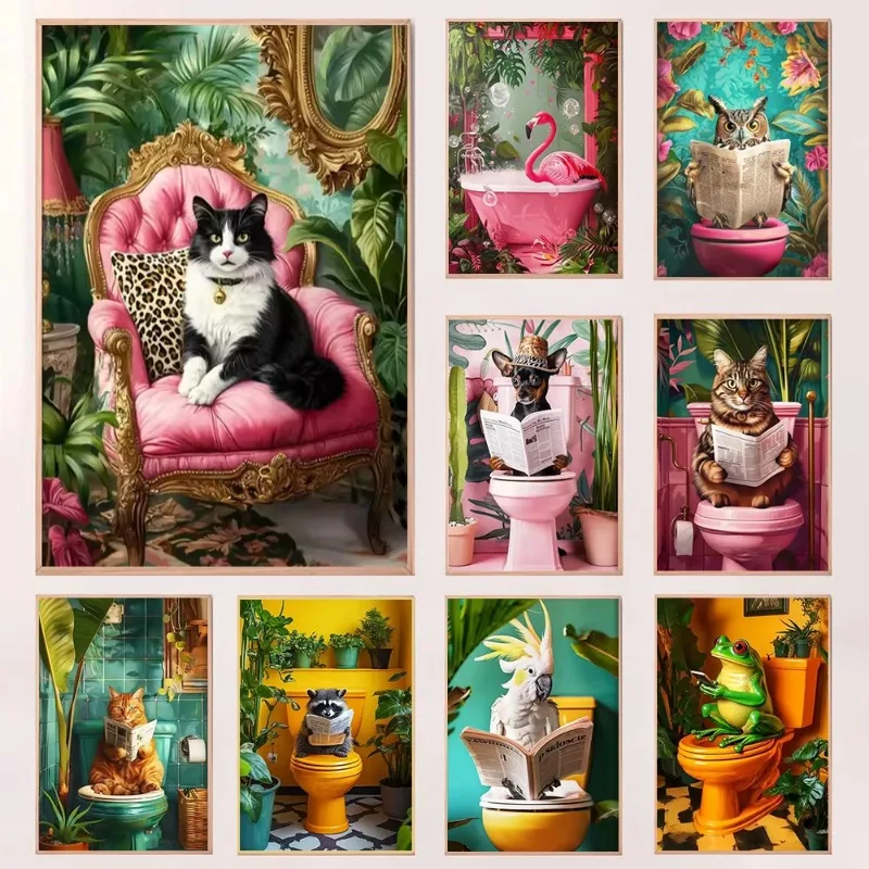 Tropical Style Dopamine Funny Black Cat Reading Newspaper On Toilet Creative posters Modern Art Canvas Painting Bathroom Deco