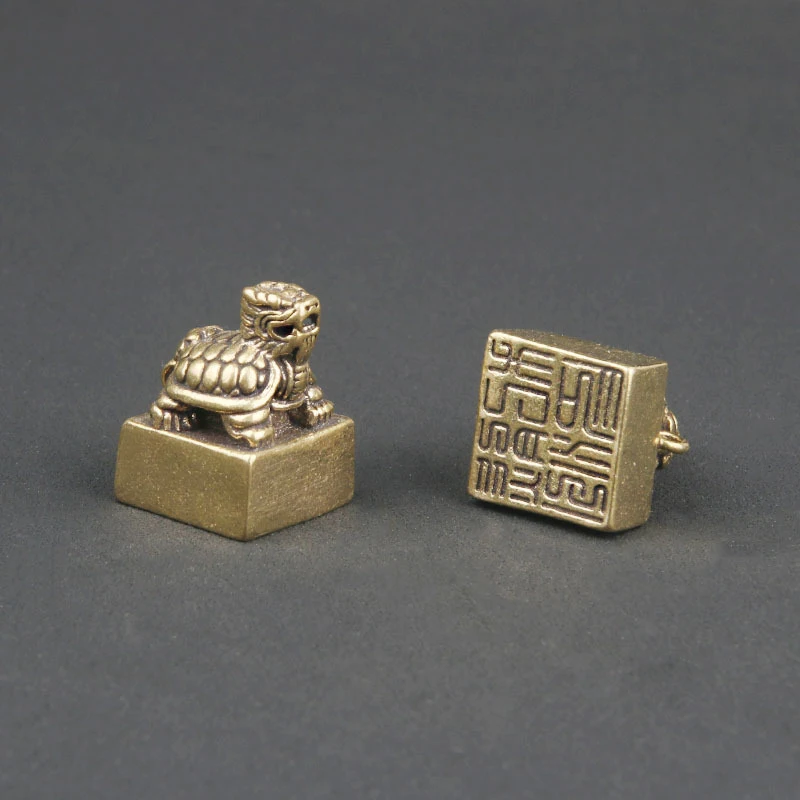 Vintage Pure Brass Dragon Turtle , Desktop Ornament, Miscellaneous Items, Ba Xia Bronze Seal, Collectible Antique Br