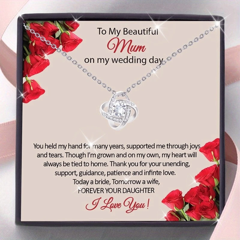 قلادة أنيقة على شكل عقدة على شكل قلب لهدية زفاف الأم مع بطاقة تذكار في صندوق هدايا مجوهرات عاطفية للابنة والعروس تذكار
