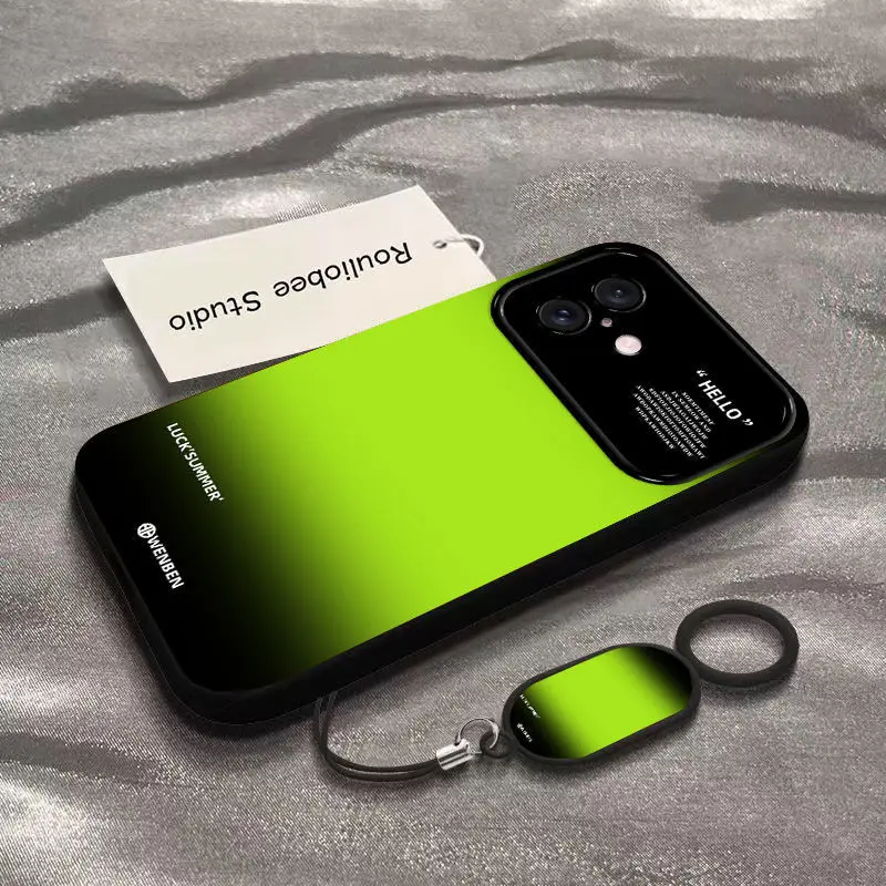 

Green Black Gradient Phone Case with Lanyard for iPhone 16 15 14 Pro Max Luxury Matte Shockproof Protective Cover