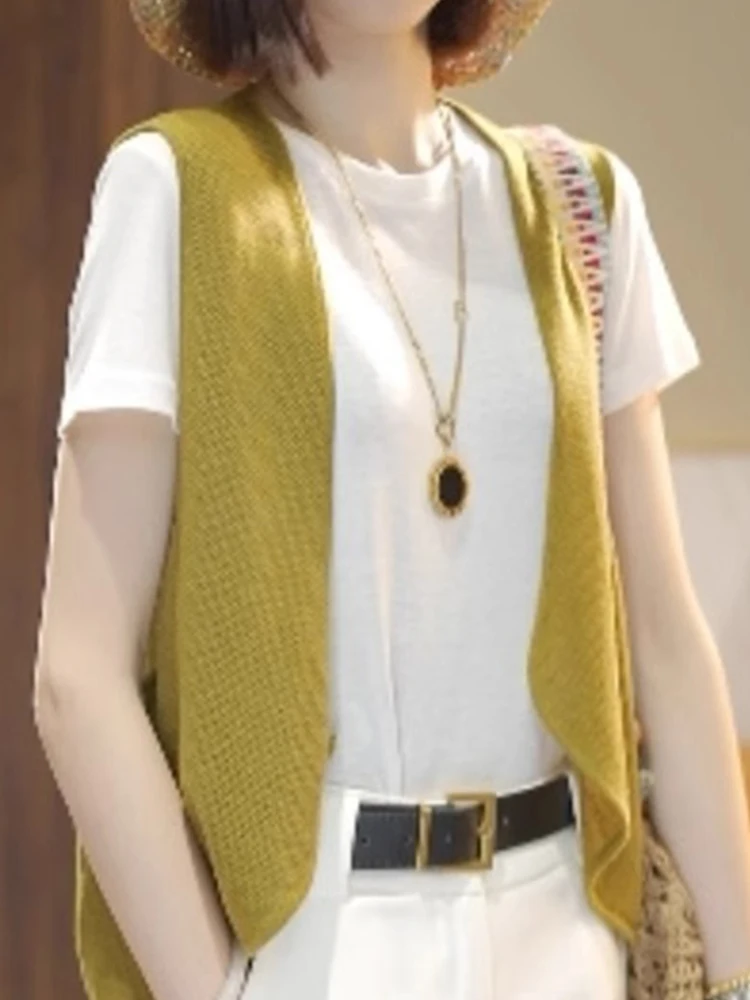 เสื้อกั๊กถักคอวีลำลอง สีพื้นเรียบง่าย สไตล์เกาหลี ทรงตรง ดีไซน์หรูหรา ใส่สบายช่วงฤดูร้อน ช่วยพรางหุ่นให้ดูเพรียว