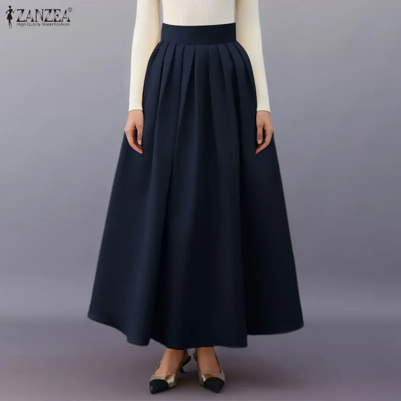 Saia Elegante de Cintura Alta ZANZEA para Escritório, Saia Longa Maxi Feminina Estilosa, Saia Plissada Sólida em A, Saia de Festa da Moda