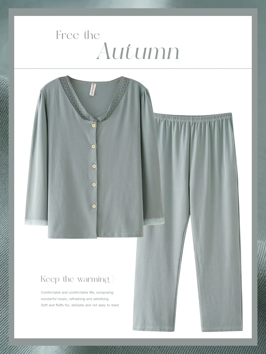 

Pure Cotton Long Sve Spwear for Middle-Aged Mothers Thin Loose plus Size Ladies Home Clothes Autumn Winter Cotton Set