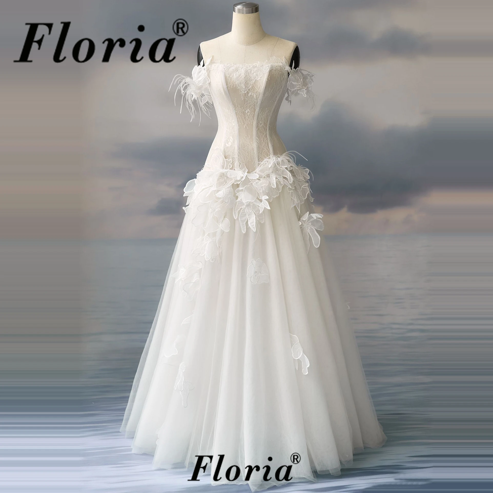 Elegant Ivory Off Shoulder Evening Dress A Line Lace Prom Dress 3D Flower Feather Design Bridal Wedding Party Dress Customized