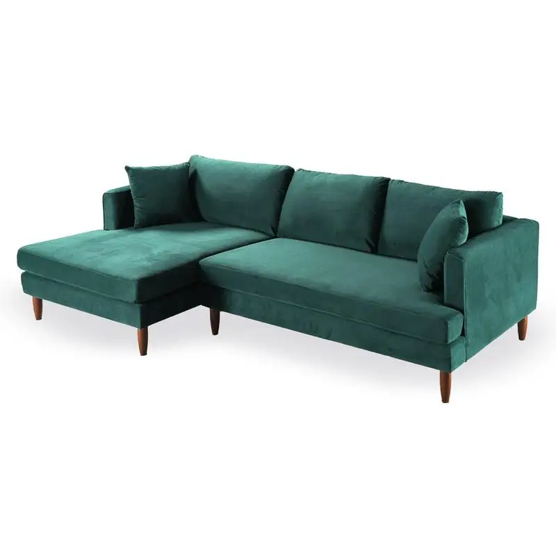 Sofá secional em forma de L de veludo verde escuro, voltado à esquerda