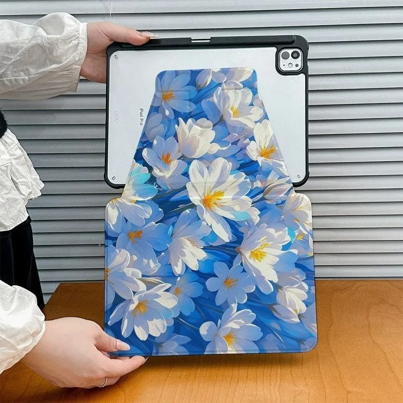 Oil Painting Flower 360 Rotating Pen Slot Tablet Case For iPad 2026 Air 8 7 6 4 3 2 1 Pro 2024 11in 12th 11 10 9 8 7 6 5th Cover
