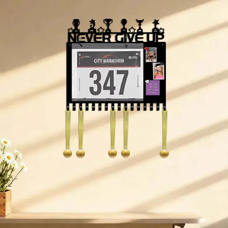 Medal Hanger Display with Writing Board, Iron Exhibition Rack for Race Medals Bibs, Wall Hooks Holder for Marathon Runners
