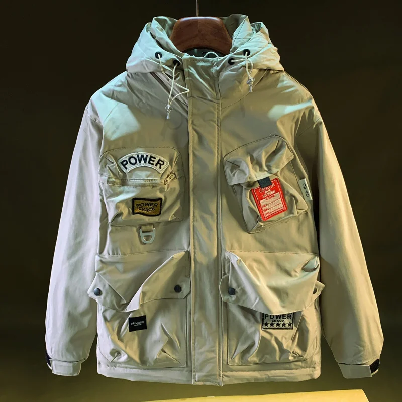Multi pocket workwear outdoor down jacket men's winter oversized loose hooded windproof and warm jacket