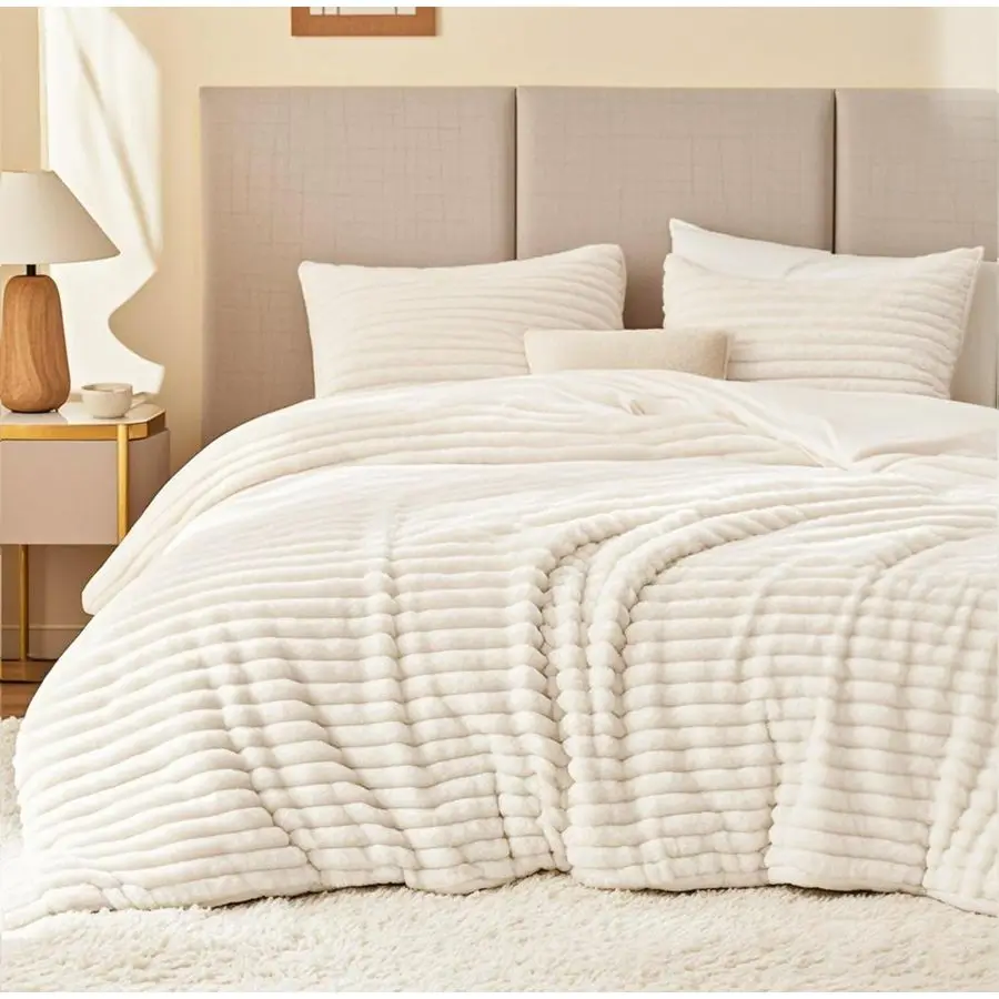 

Fluffy Comforter Set Queen Size Super Soft Faux Fur Stripe Jacquard Comforter 3 Pieces, Cream White Fleece Bedding Set,Winter Wa