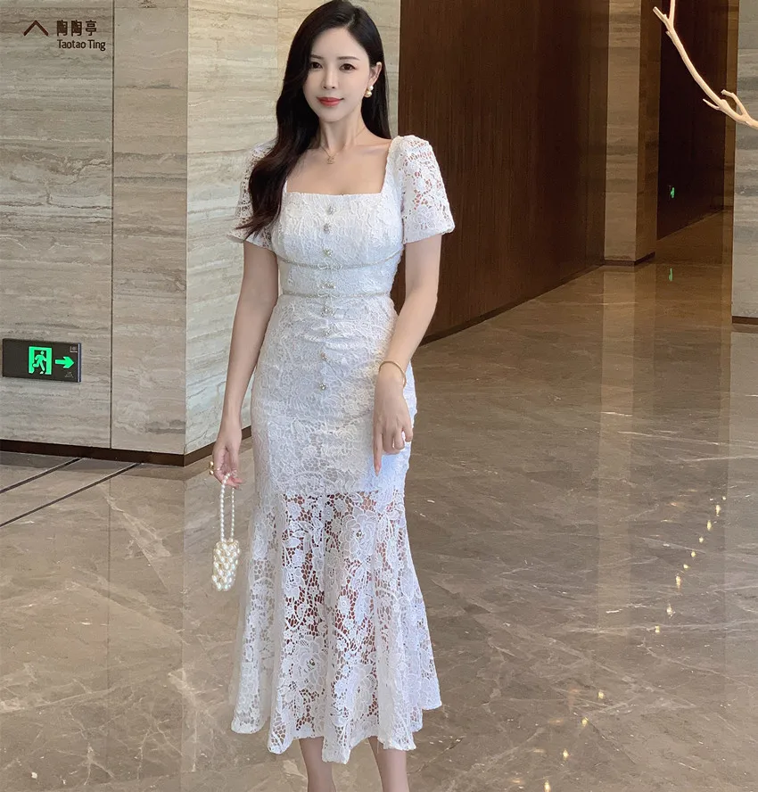 Runway Summer White Lace Square Collar Midi Dress French Summer Diamonds Buttons Hollow Out Embroidery Bodycon Mermaid Clothes