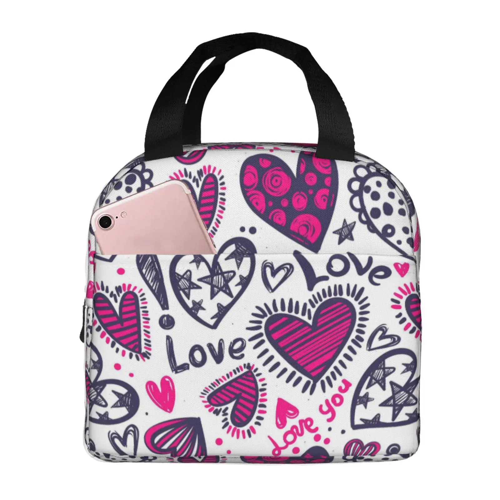 Abstract Love Pattern Insulated Lunch Bag for Women Men Portable Thermal Cooler Insulated Lunch Box Picnic Travel Food Tote Bags
