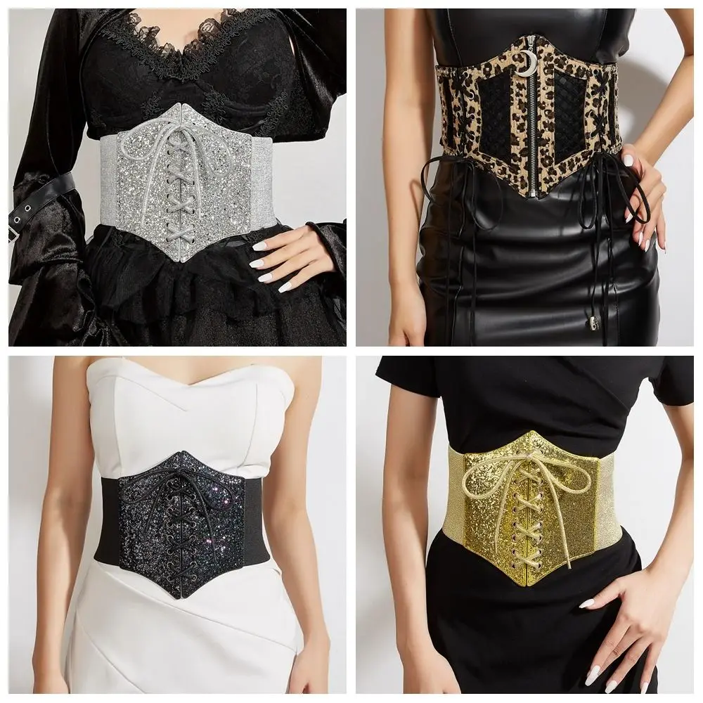 Эластичные золотые пояса, блестящий пояс из искусственной кожи с леопардовым принтом, платье с высокой талией, блестящий корсетный пояс, женский