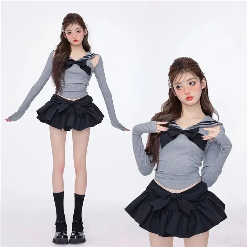 Preppy Style Gothic Y2k Two Pieces Kawaii Clothes Crop Top Mini Skirt Women Hollow Out Long Sleeve T-Shirt Bow Skirt Harajuku