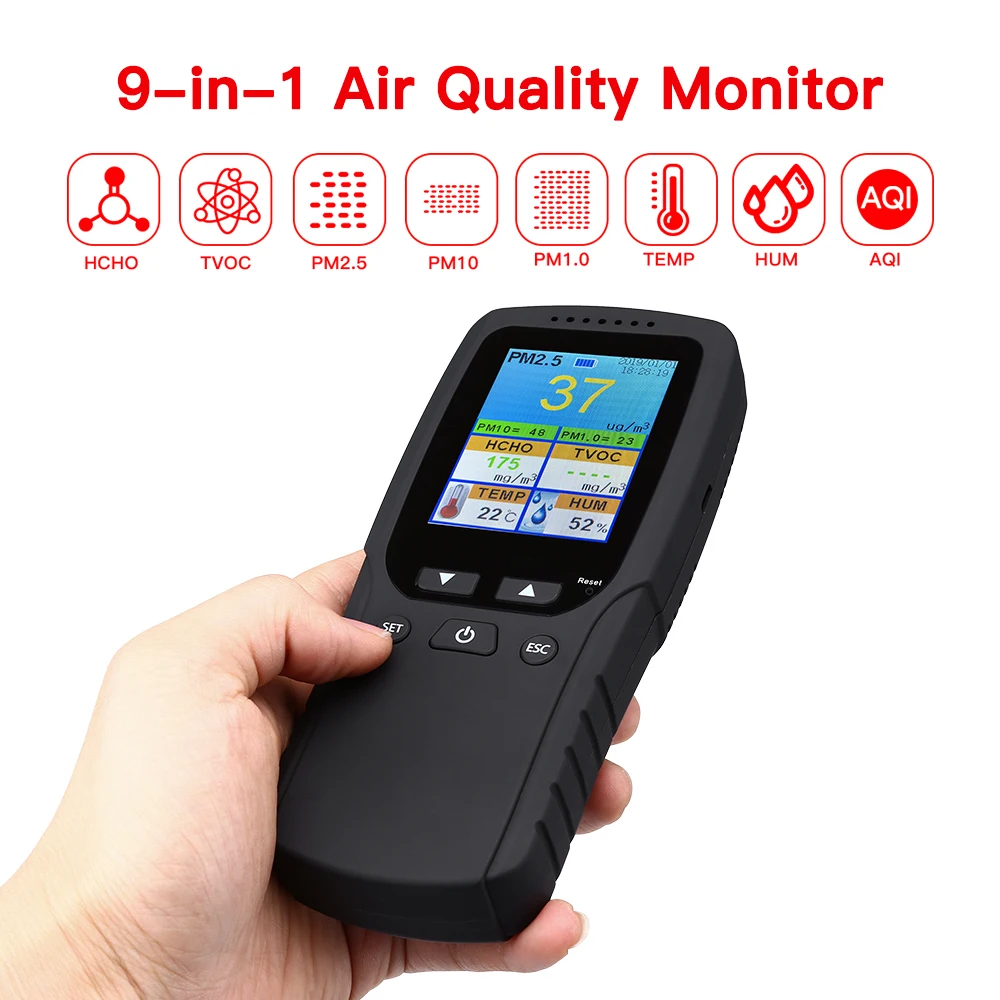 New 9 in 1 Air Quality Monitor Indoor Outdoor PM2.5, PM1.0, PM10, HCHO, TVOC Detector Meter Tester Temperature and Humidity