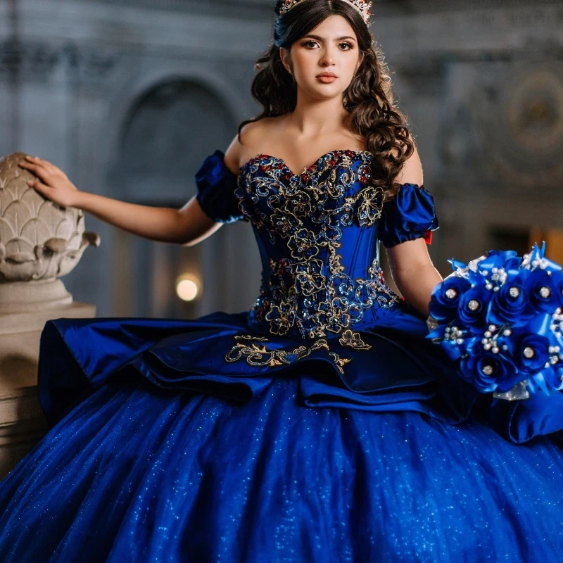 Blue Glitter Off The Shoulder Ball Gown Quinceanera Dresses Sweet 16 Princess Applique Lace Beads Prom Gowns Vestidos De 15 Años