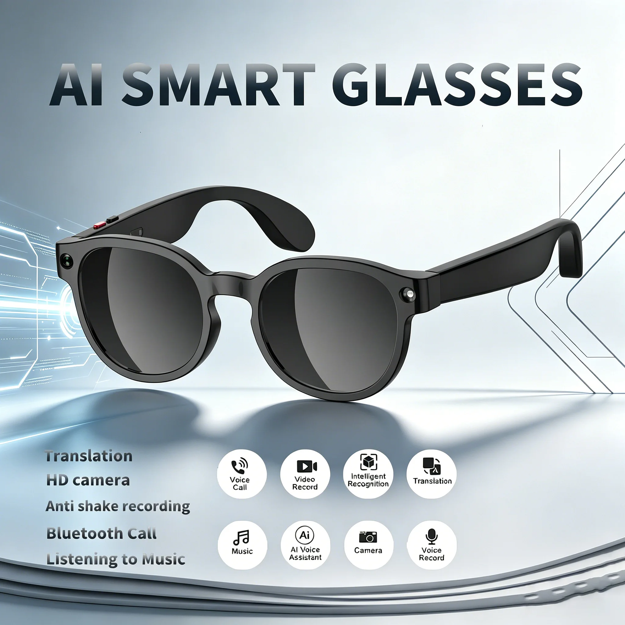 Fashion Ai Smart Translation Camera Clear Lenses Glasses Recording Photo Video Recording Waterproof Call Sunglasses