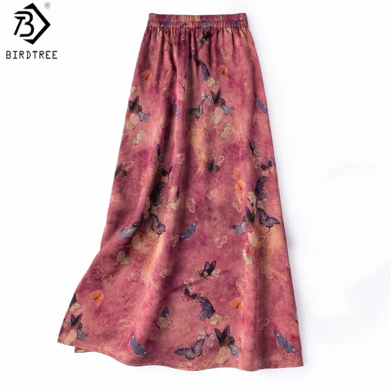 Birdtree, 100% Silk Jacquard Skirt, Elastic Waist, Women Floral Luo Xiangyunsha Slit Straight Skirts, 2026 Autumn New D68217JF