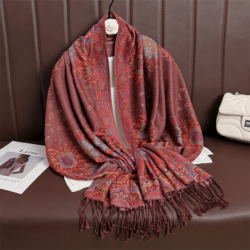 2024 Winter Women Bufanda Jacquard Scarf  Printed coquette fashion Silky Long Shawl Ethnic Fringed Travel Scarves