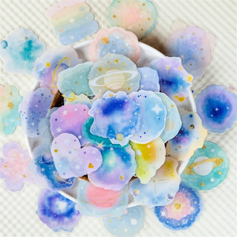 

56PCS Kawaii Watercolor Planet PET Sticker Aesthetic Transparent DIY Decoration Scrapbooking Sketchbook Supplies for Kids