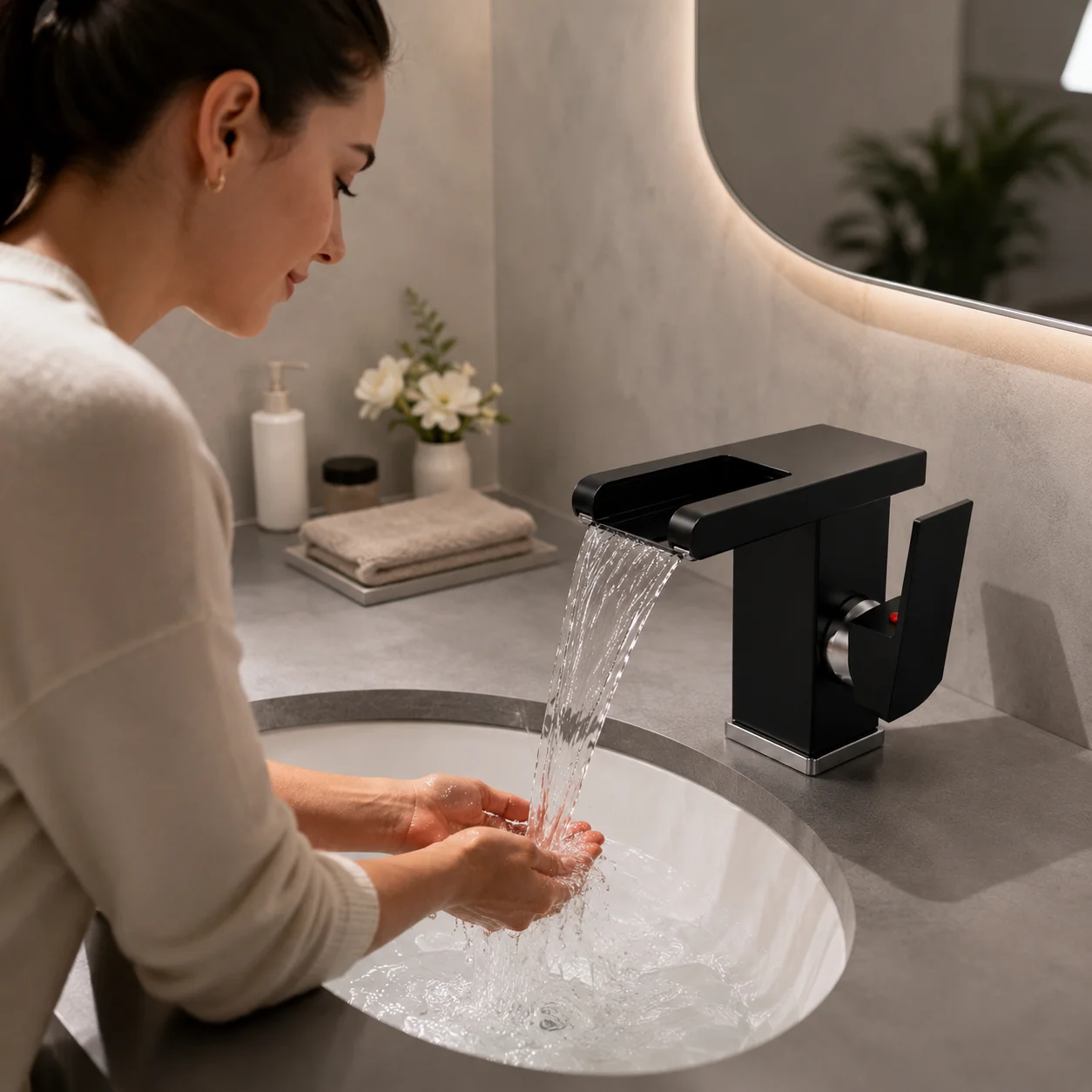 SANIVITAL Matte Black Wide Waterfall Bathroom Basin Faucet Single Lever Hot Cold Mixer Tap