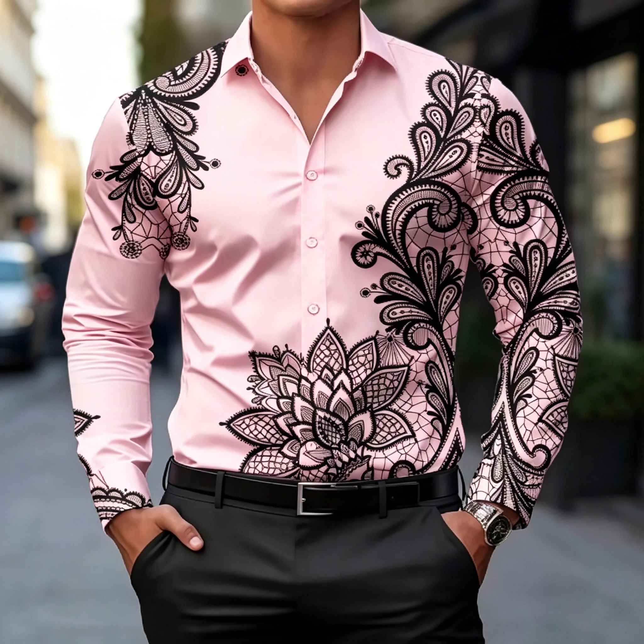 Men's Luxury Paisley Printed Satin Shirt Long Sleeved Slim Fit Business Formal Party Button Up Shirt Available In Large Size