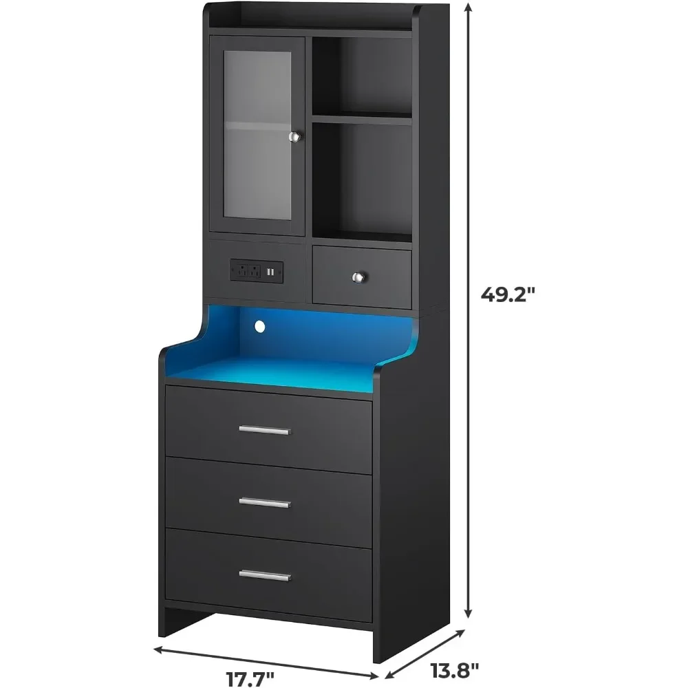 Black Night Stand   with Charging Station,49.2" LED Nightstand for Bedroom,Tall Bedside Table with Bookshelf and Drawers image 2