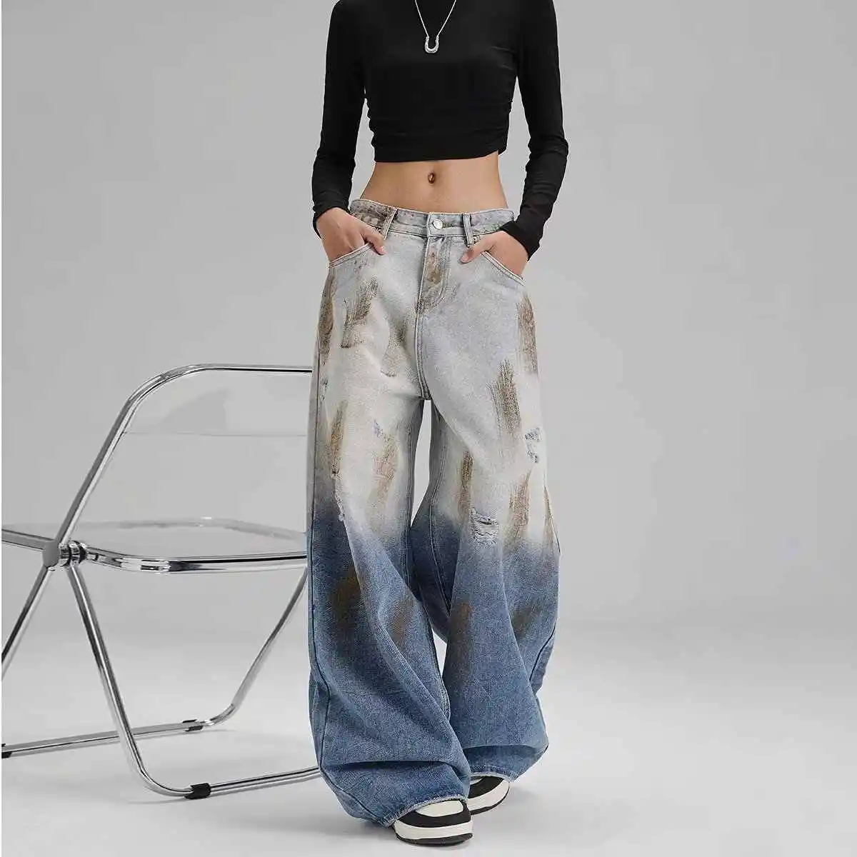 

Women Blue Goth Y2k Ripped Jeans Vintage Harajuku Baggy Boyfriend Jean Pants Japanese 2000s Style Hip Hop Denim Trouser Clothes