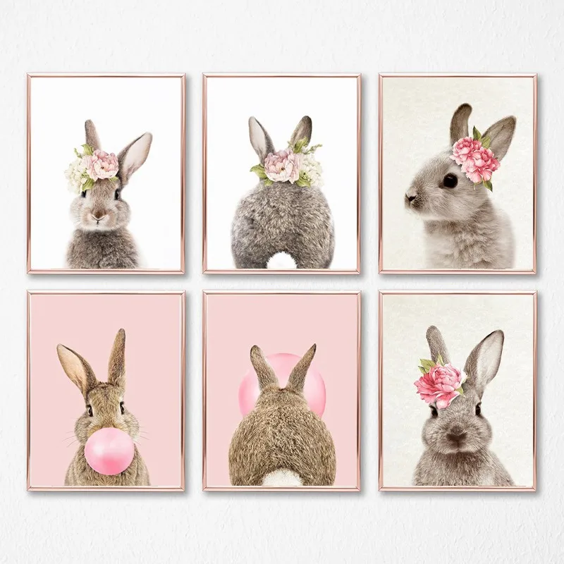 Girls Bedroom Decor Bunny Rabbit Nursery Wall Art Canvas Poster and Print Watercolor Flowers Animal Painting Pink Roses Picture