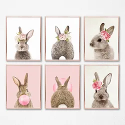 Girls Bedroom Decor Bunny Rabbit Nursery Wall Art Canvas Poster and Print Watercolor Flowers Animal Painting Pink Roses Picture