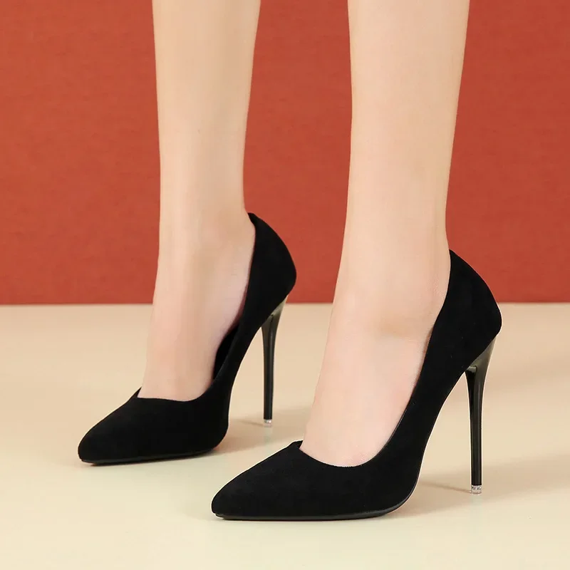 Super High Stiletto Heels Pumps Women Office Flock Pointed Toe Thin Heel Party Shoes Woman Plus Large Size 44 45 zapatos mujer