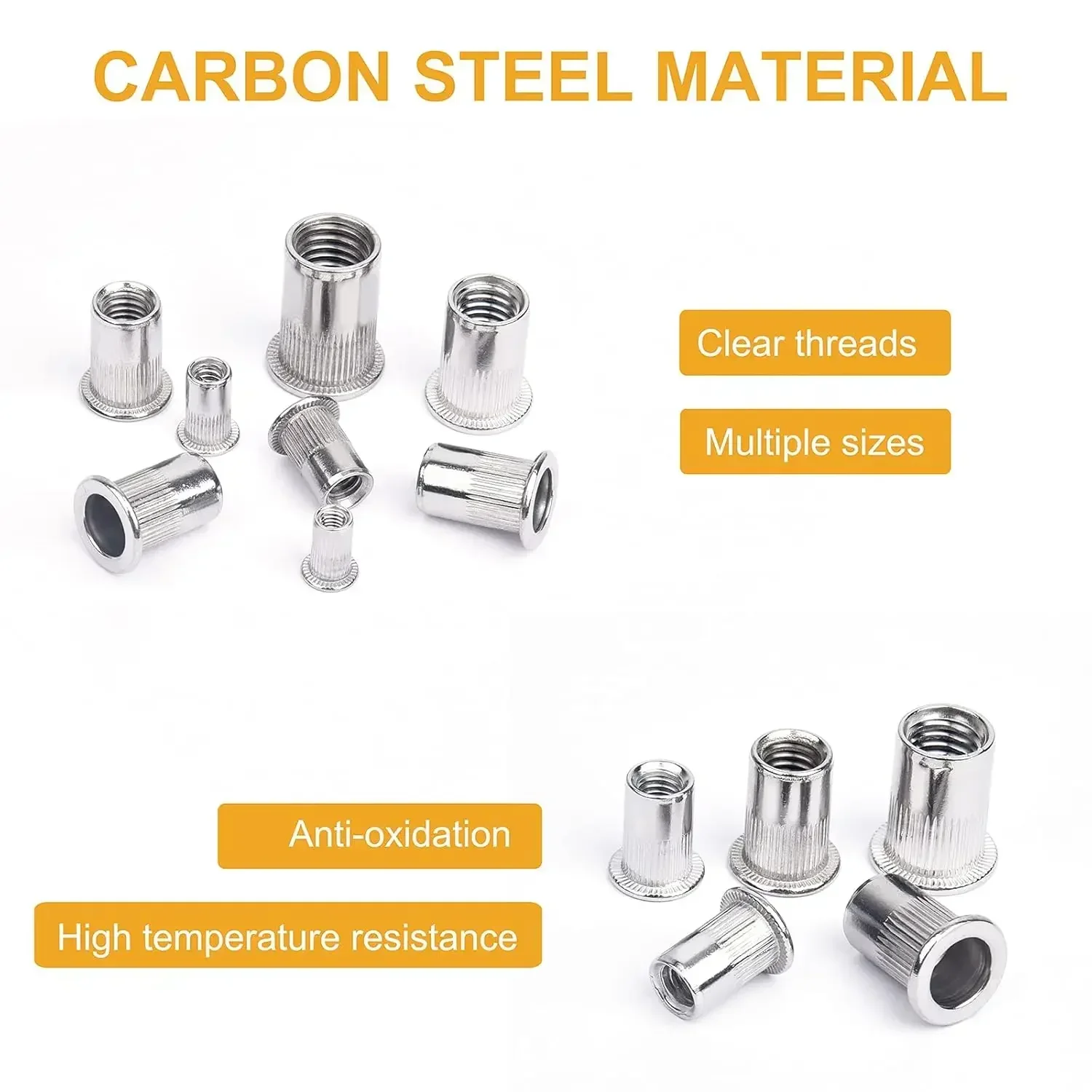 205pcs 304 Stainless Steel Insert Rivet Nut Flat Head Threaded Rivnut Nutsert M3 M4 M5 M6 M8 M10 for Automotive Furniture Repair
