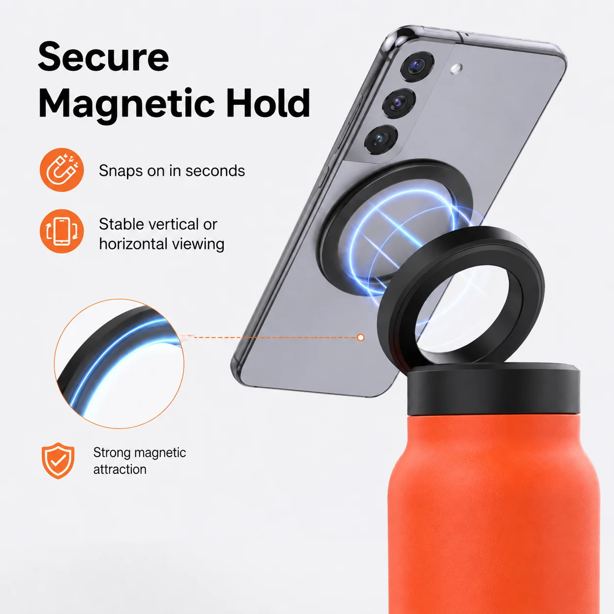 Magnetic Water Bottle With Phone Holder 24oz Insulated Stainless Steel Bottle Adjustable Phone Mount For Gym Travel Office Use
