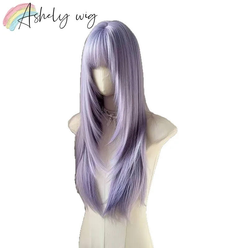 Lavender Layered Wig with Bangs 26inch Long Straight Hair Wig for Women Lolita Cute Cosplay Wigs High Quality Synthetic Wigs image 5