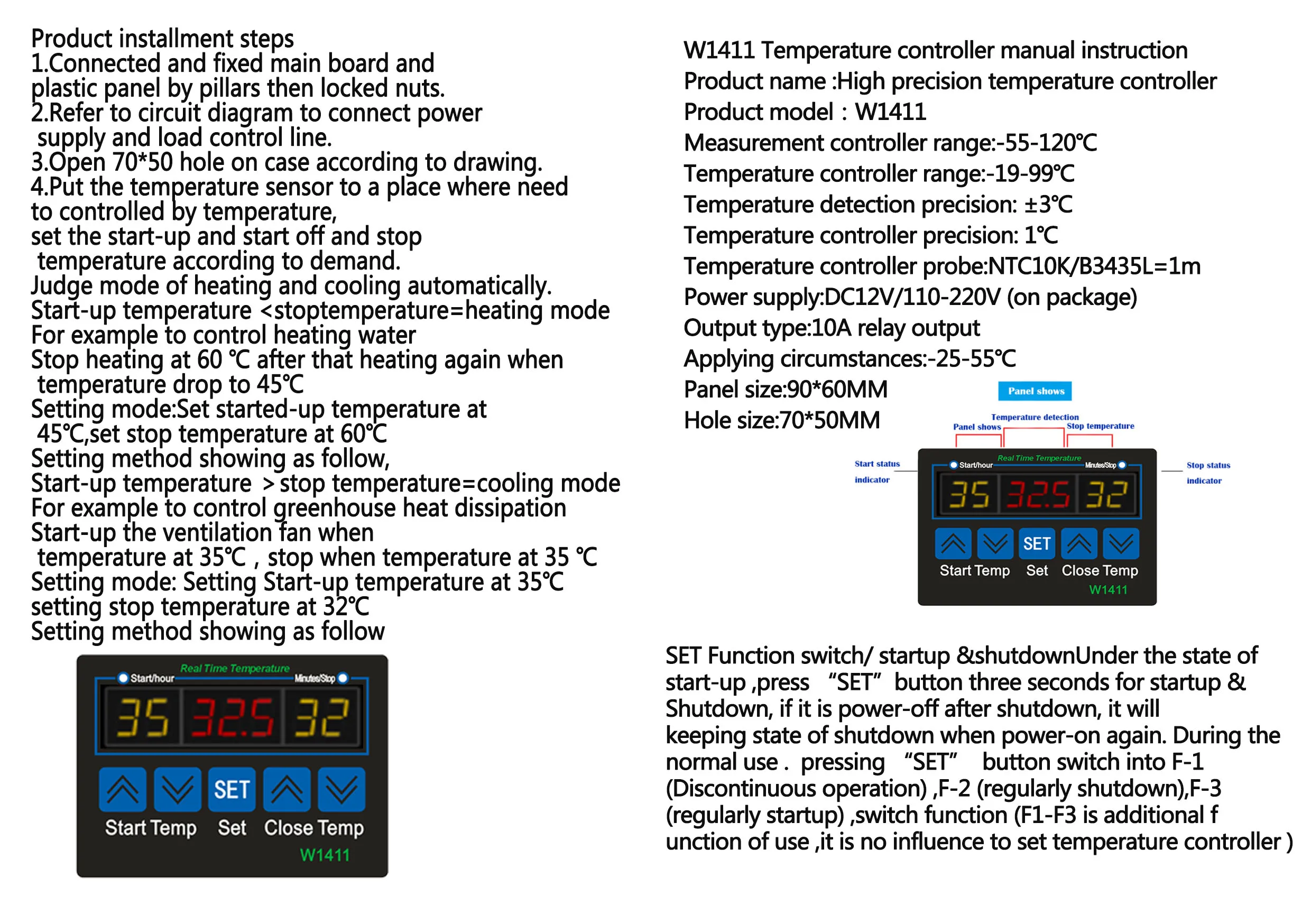 XH-W1411  Three display multi-function thermostat DC12V AC 110-220V digital LED temperature controller Thermostat control switch