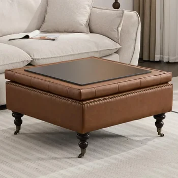 Image Large Square Storage Ottoman Uphlostered Tufted Button Coffee Table, Oversized Footrest Bench with Castered Rolling Wheels