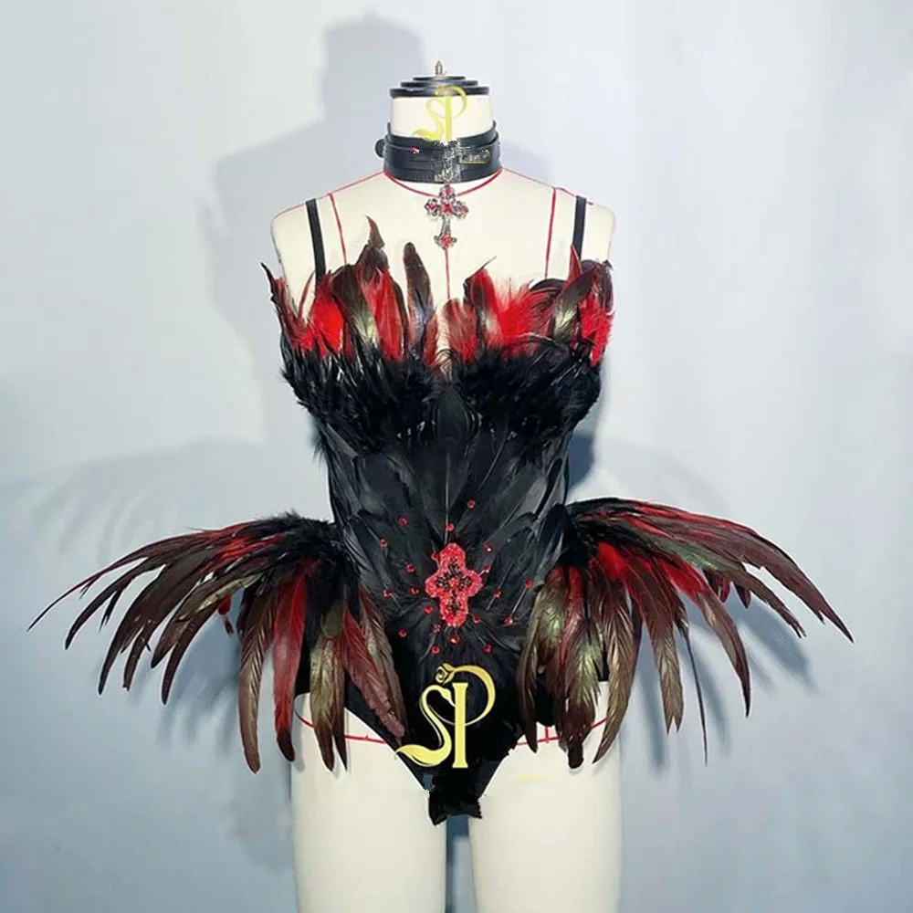 Bodysuit de penas pretas feminino carnaval traje de halloween gogo boate clube festa mostrar palco traje festival fantasia outfit yj163