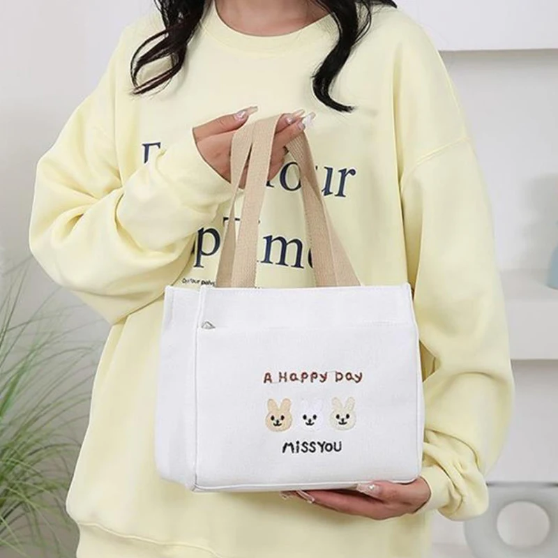 Cartoon Simple Rabbit Pattern Printed Canvas Handbag Office Worker Lunch Tote Bag Storage Bags