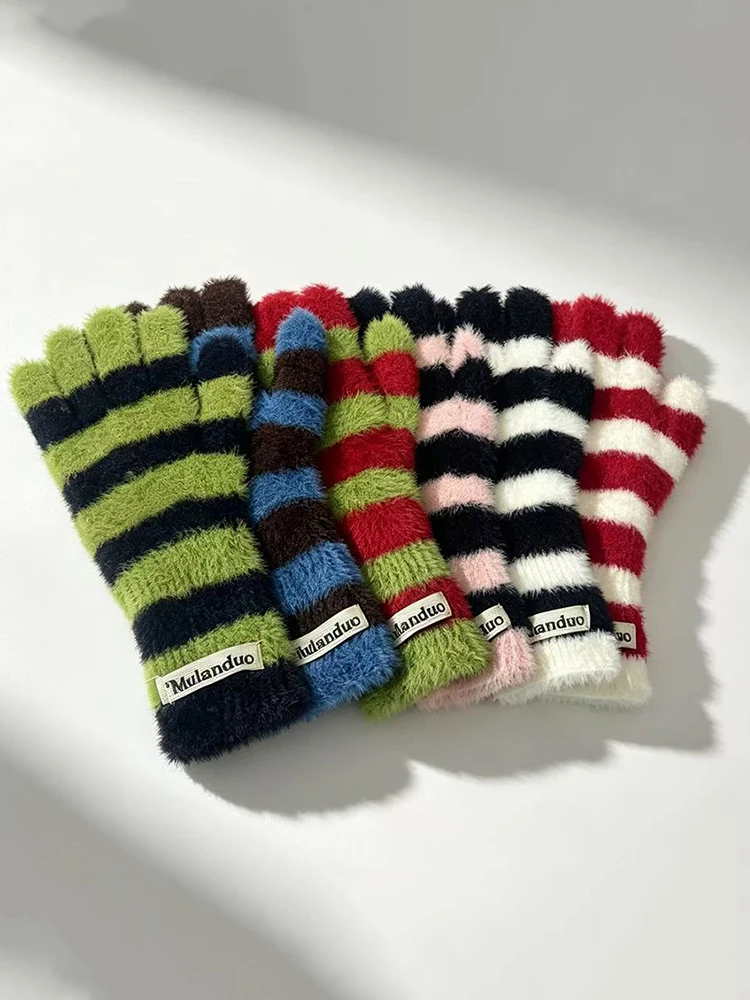 Striped Knitted Korean Style Plush Touchscreen Gloves Warm Soft Fingerless Mittens for Men and Women Outdoor Ski Riding Gloves