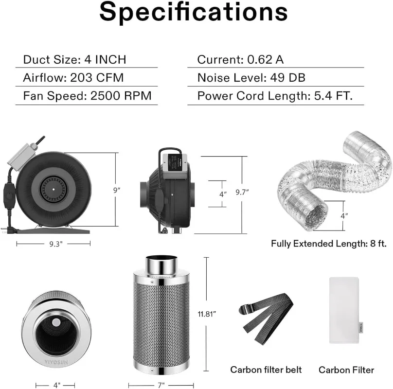 VIVOSUN-Ventilador Inline para Ventilação Tent Grow, Combinação de Filtração de Ar, Filtro de Carbono, 8 Pés de Condutas, 4 polegadas, 203 CFM, 4 polegadas