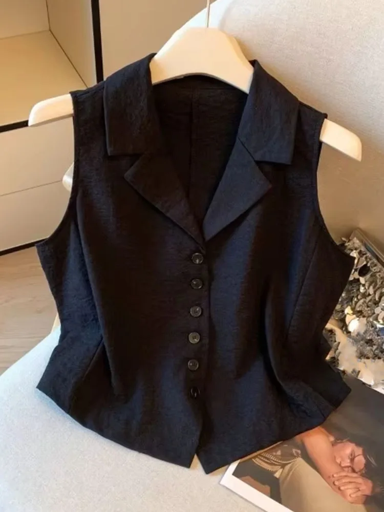 Summer Simple High End Turn Down Collar Sleeveless Vest All Match Constrast Color Single Breasted Camis Office Lady Lace Up Top