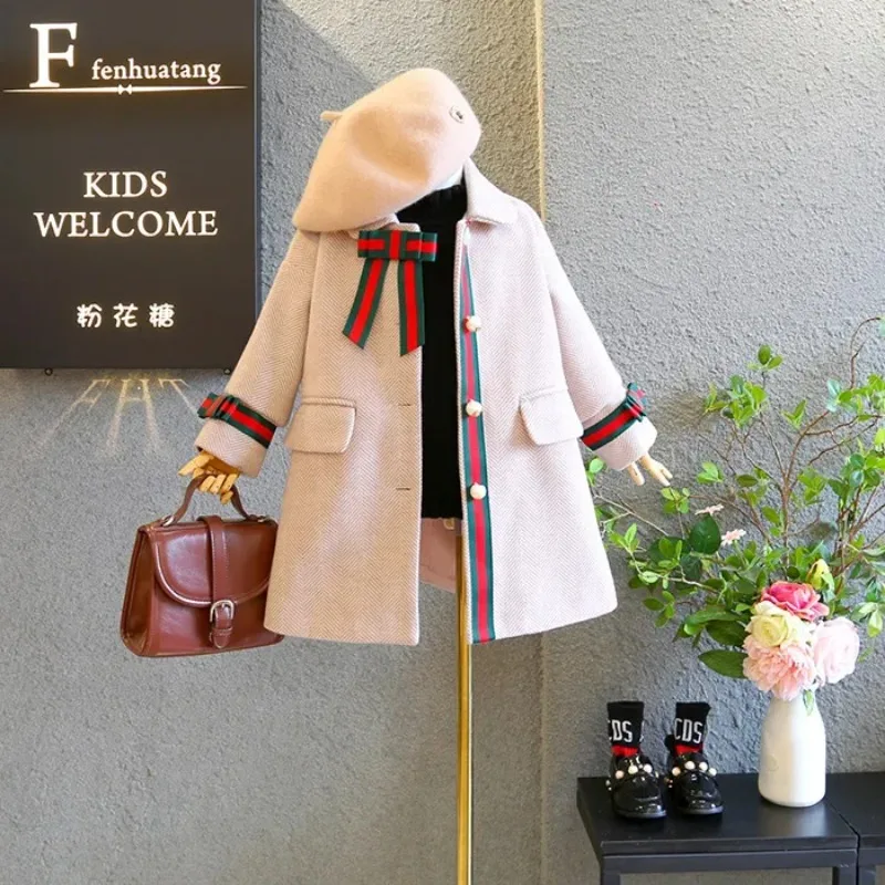 Girls' Wool Coat 2023 Autumn Winter New Girl Winter Jacket Single Row Pearl Buckle Woolen Coat Twill Baby Girl Coat