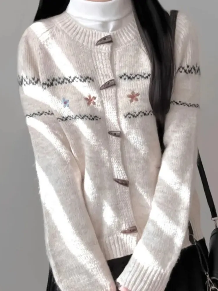 

Autumn Winter Lazy Sweet Floral Embroidery Open Cardigan Women's Korean Sle Versatile Single Button round Ne Knitted Top