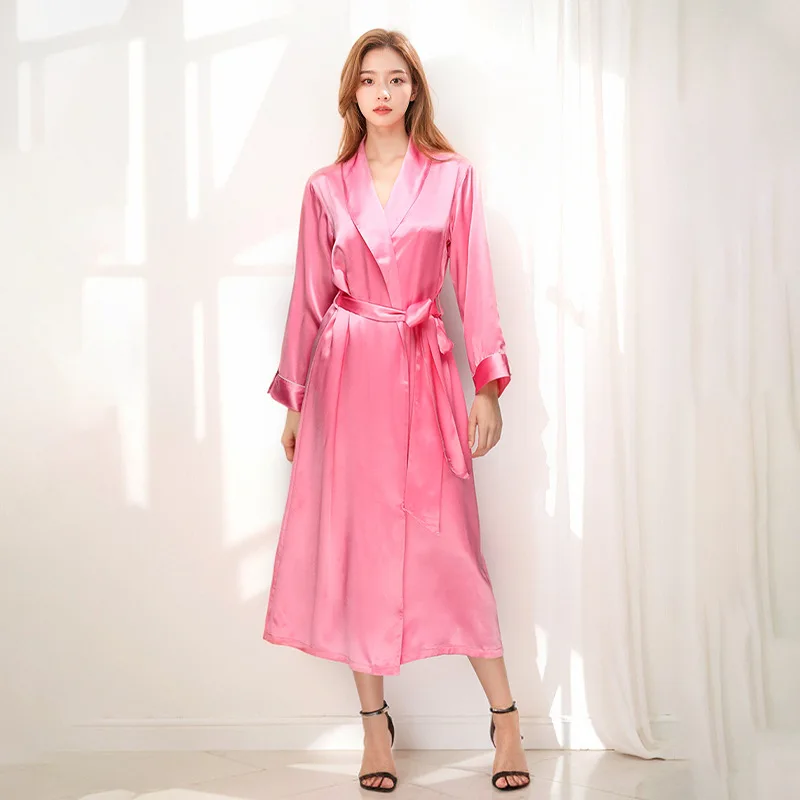 

High Quality 2024 New Real Silk Nightgown Women's Bathrobe Real Silk% Morning Gowns Waist Homewear Can Be Worn outside