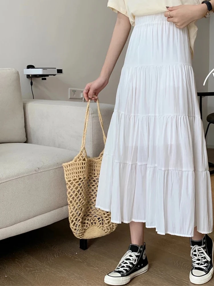 Spring Summer Women Chiffon Skirts Vintage High Waist Elastic Patchwork White Black Chic Long Cake A-line Skirt for Student