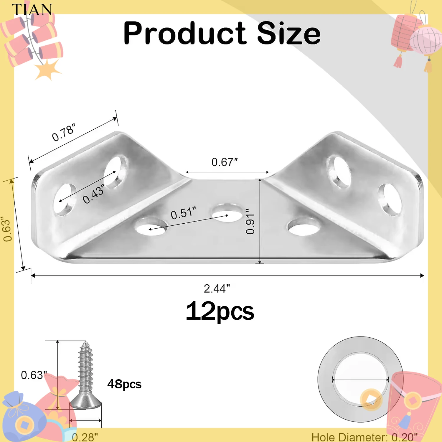 TIAN   of Stainless Steel Thickened Corner Code 90 Degree Right Angle Brackets, Universal Triangular Metal Furniture Connecto
