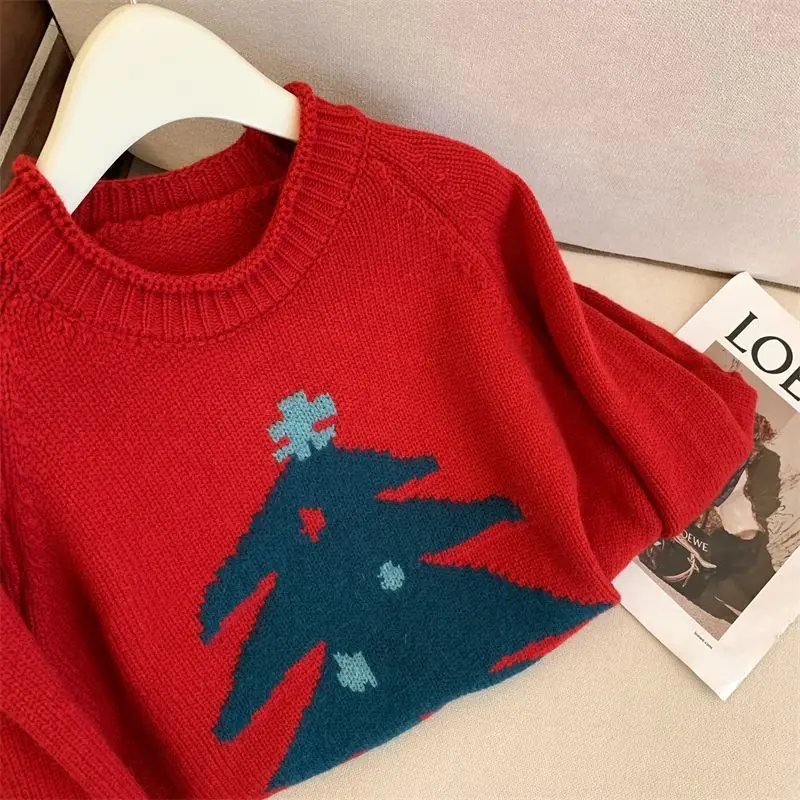 새로운 크리스마스 트리 캐주얼 스웨터 여성 인쇄 느슨한 캐주얼 뜨개질 풀오버 부드럽고 편안한 하프 하이 칼라 루즈 한 스웨터