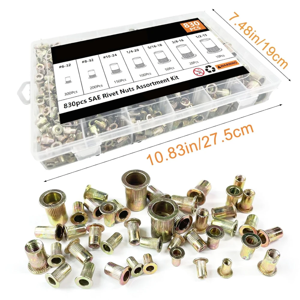 520pcs Carbon Steel Metric Color Zinc Rivet Nuts Sets 1/2 3/8 4/16 Vertical Stripe Flat Head Rivet Nuts 830pcs M3-m12 Nuts